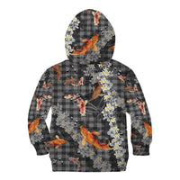 Black Palaka Hawaiian And Japanese Kid Hoodie Sakura Lei With Koi Fish - Polynesian Pride