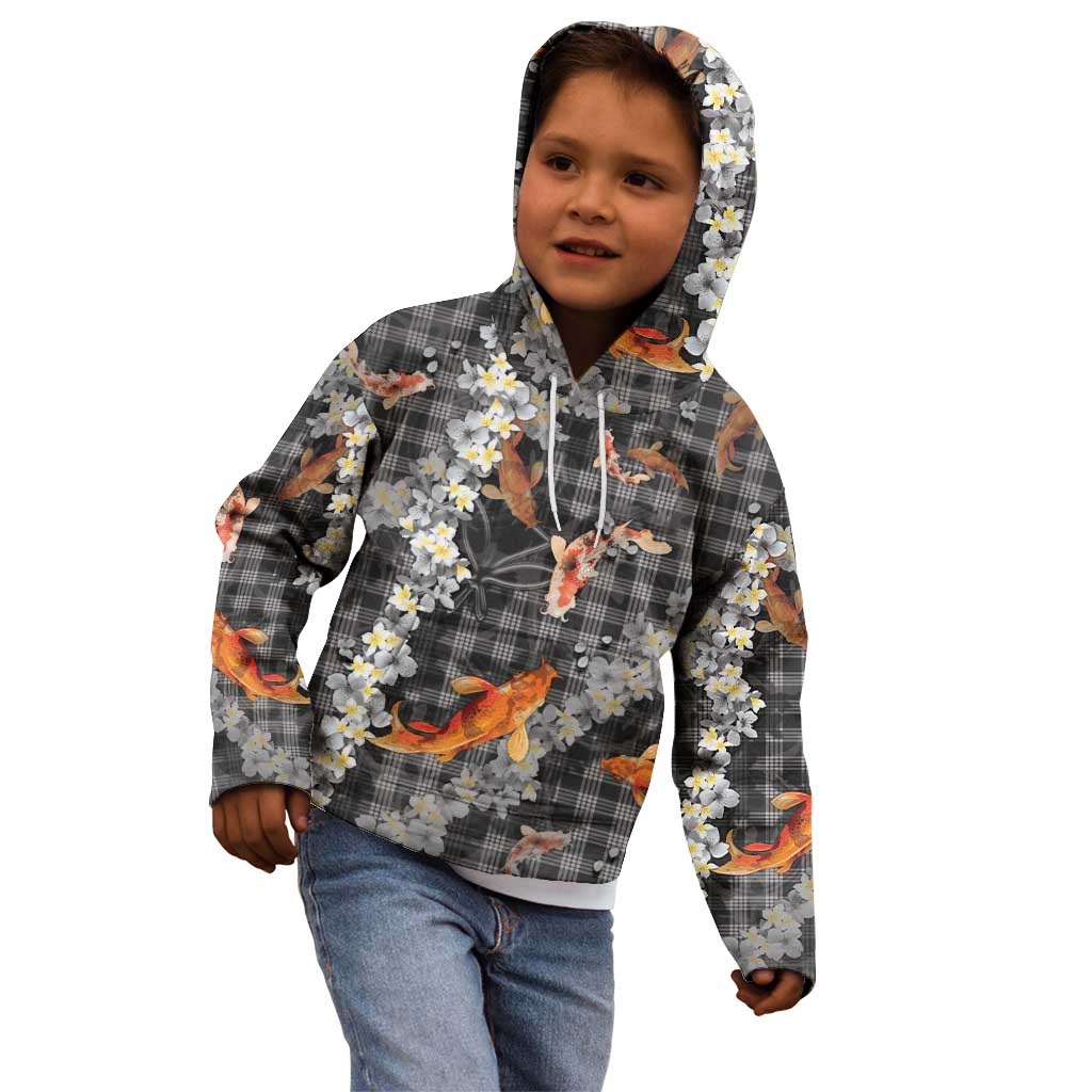 Black Palaka Hawaiian And Japanese Kid Hoodie Sakura Lei With Koi Fish - Polynesian Pride