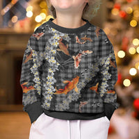 Black Palaka Hawaiian And Japanese Kid Ugly Christmas Sweater Sakura Lei With Koi Fish - Polynesian Pride
