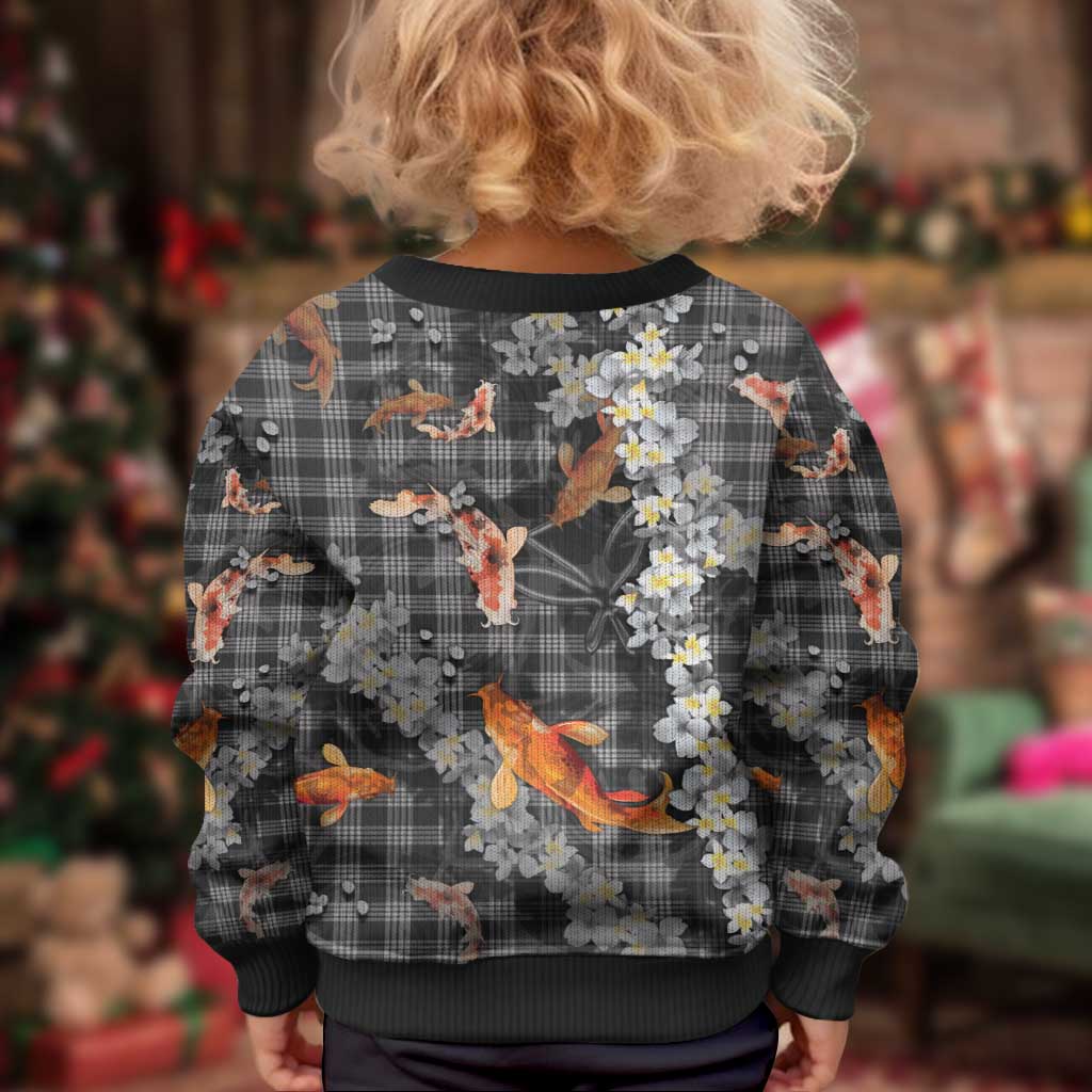 Black Palaka Hawaiian And Japanese Kid Ugly Christmas Sweater Sakura Lei With Koi Fish - Polynesian Pride