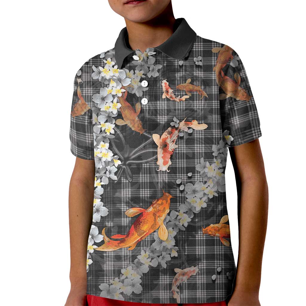 Black Palaka Hawaiian And Japanese Kid Polo Shirt Sakura Lei With Koi Fish DT05 Kid Black - Polynesian Pride
