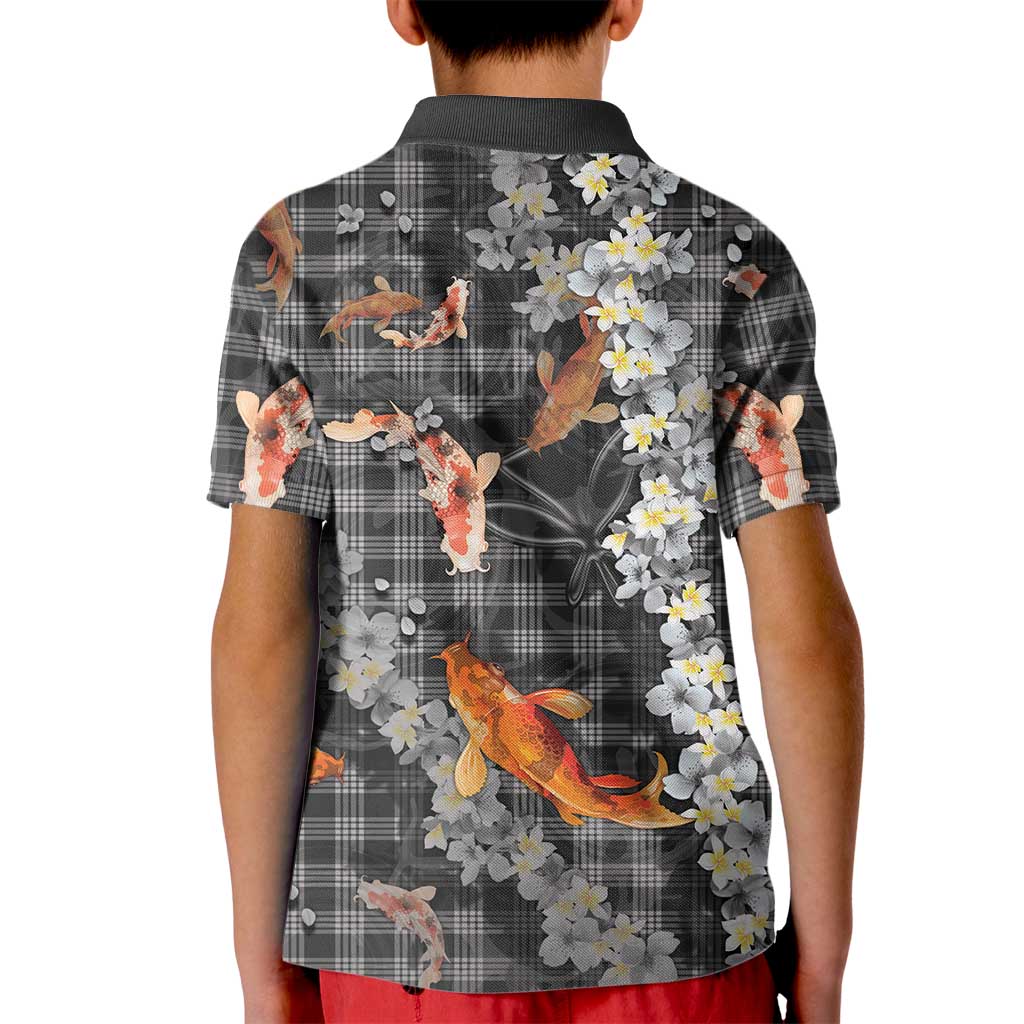 Black Palaka Hawaiian And Japanese Kid Polo Shirt Sakura Lei With Koi Fish DT05 - Polynesian Pride