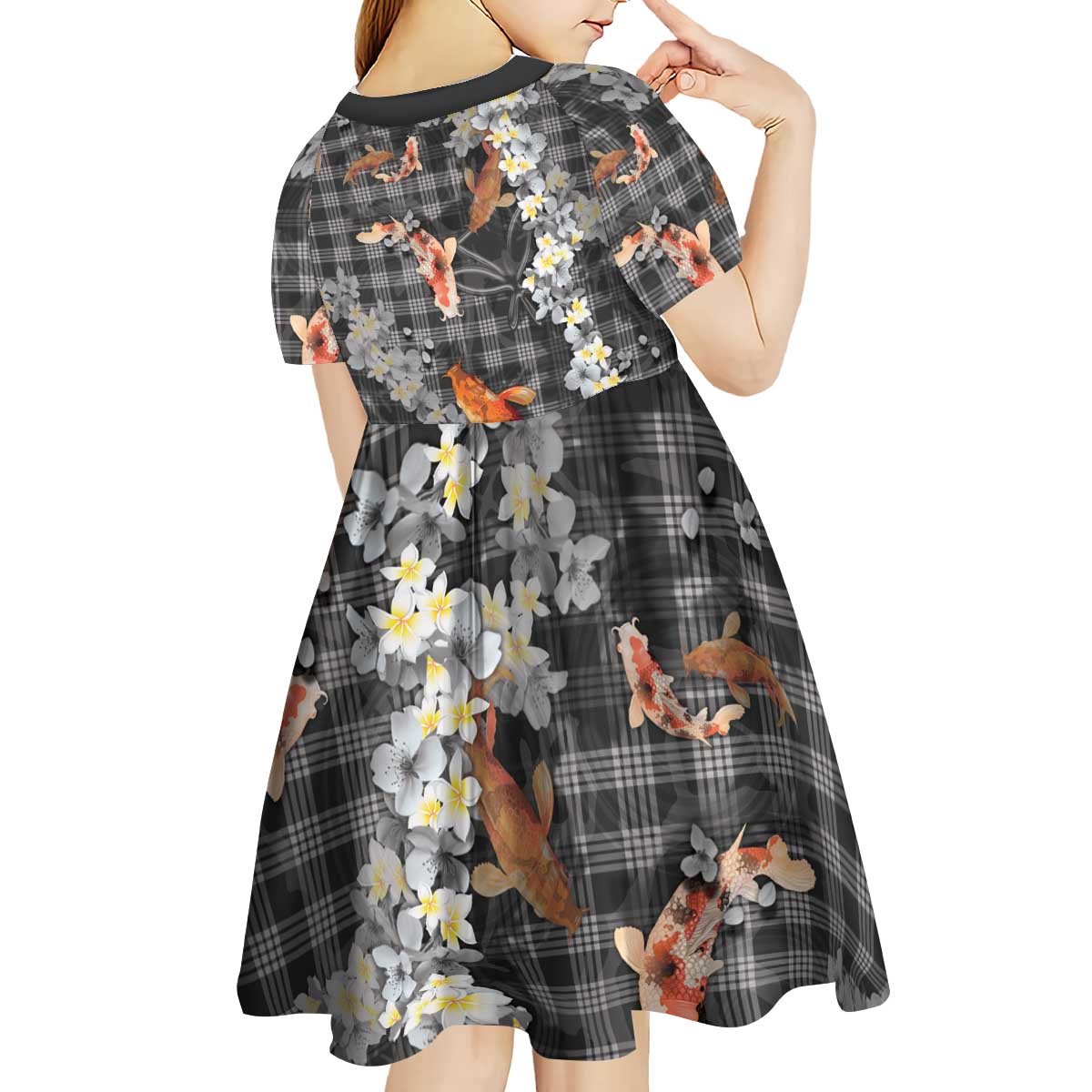Black Palaka Hawaiian And Japanese Kid Short Sleeve Dress Sakura Lei With Koi Fish - Polynesian Pride