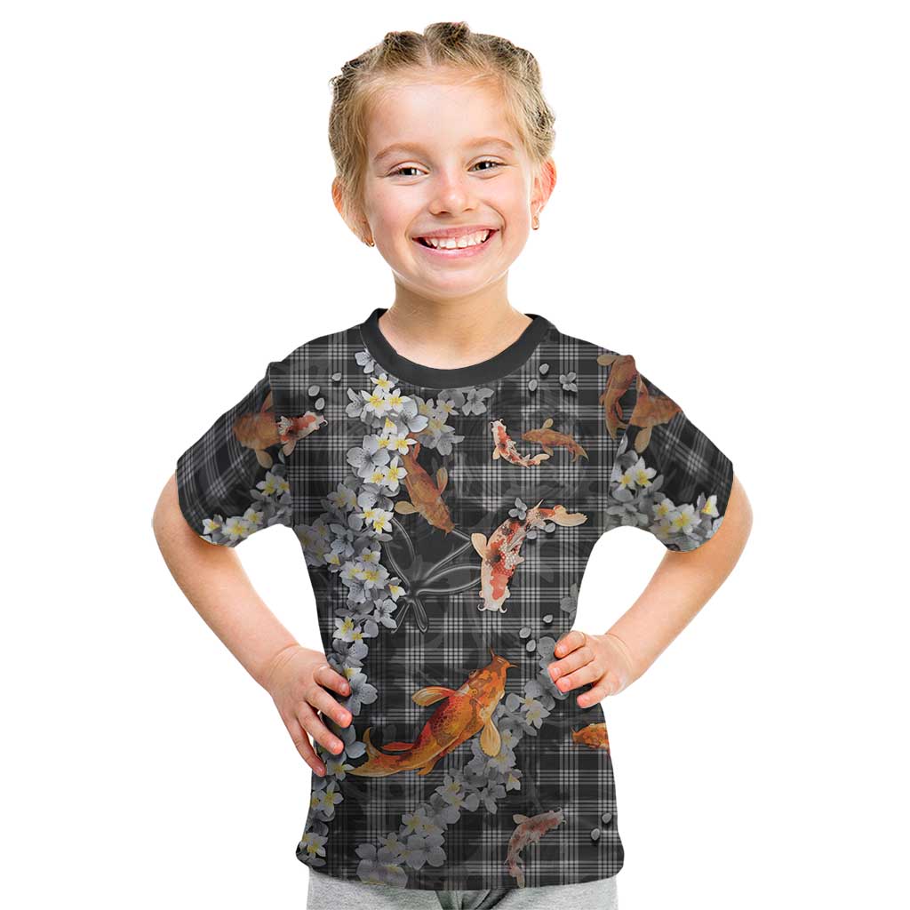 Black Palaka Hawaiian And Japanese Kid T Shirt Sakura Lei With Koi Fish DT05 Black - Polynesian Pride