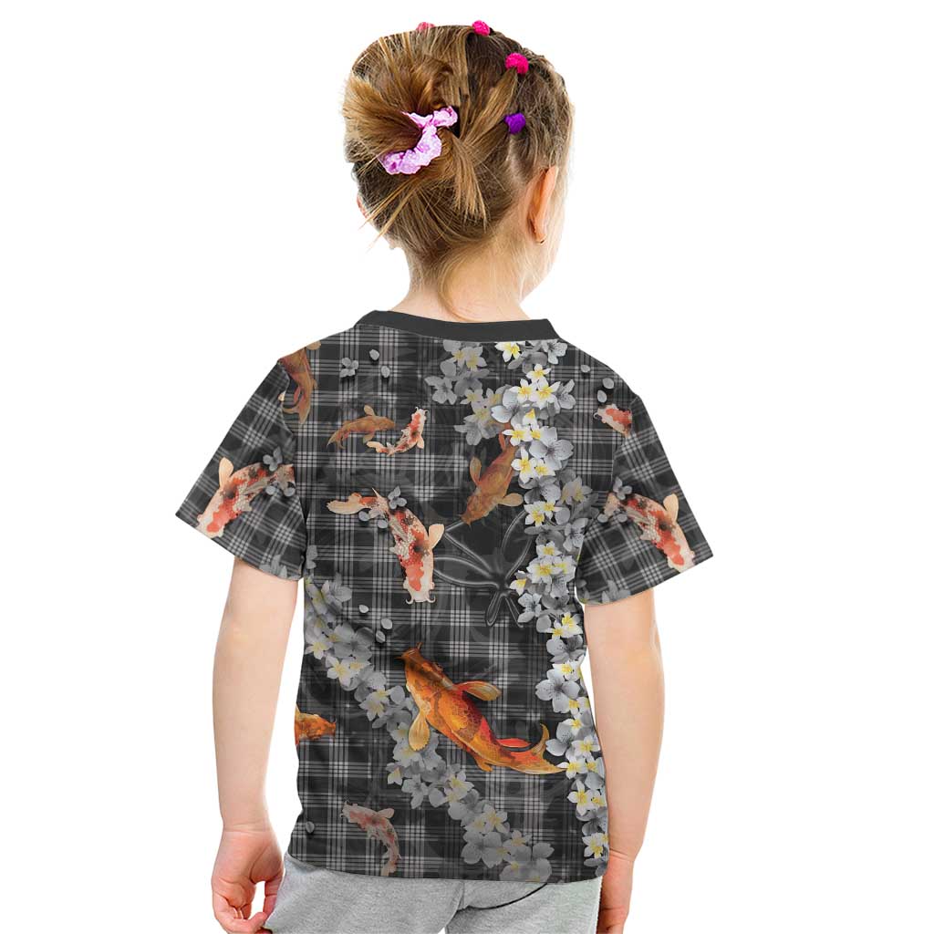 Black Palaka Hawaiian And Japanese Kid T Shirt Sakura Lei With Koi Fish DT05 - Polynesian Pride