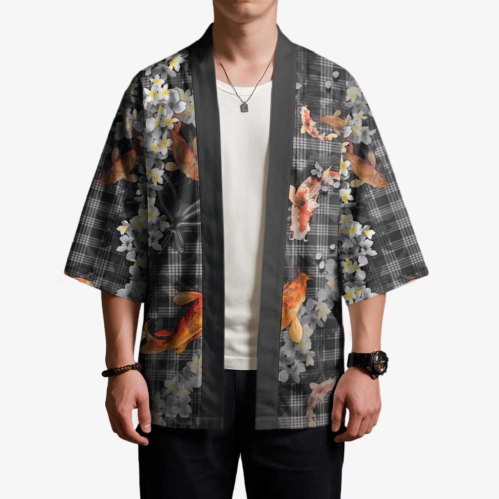Black Palaka Hawaiian And Japanese Kimono Sakura Lei With Koi Fish - Polynesian Pride