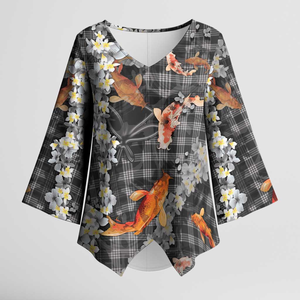 Black Palaka Hawaiian And Japanese Kimono Sleeve Blouse Sakura Lei With Koi Fish - Polynesian Pride