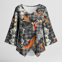 Black Palaka Hawaiian And Japanese Kimono Sleeve Blouse Sakura Lei With Koi Fish - Polynesian Pride