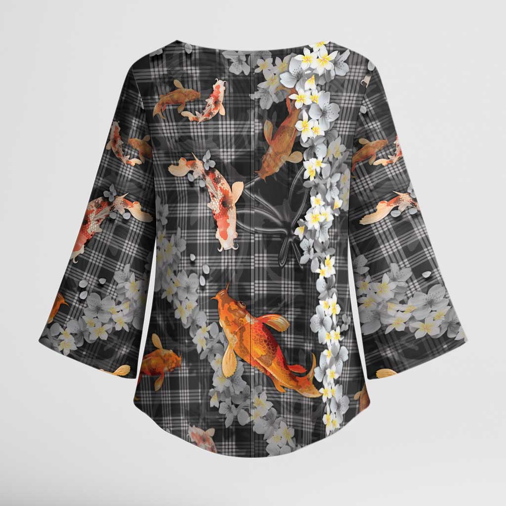 Black Palaka Hawaiian And Japanese Kimono Sleeve Blouse Sakura Lei With Koi Fish - Polynesian Pride