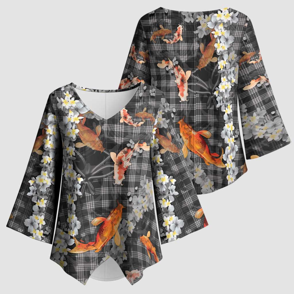 Black Palaka Hawaiian And Japanese Kimono Sleeve Blouse Sakura Lei With Koi Fish - Polynesian Pride