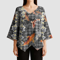 Black Palaka Hawaiian And Japanese Kimono Sleeve Blouse Sakura Lei With Koi Fish - Polynesian Pride