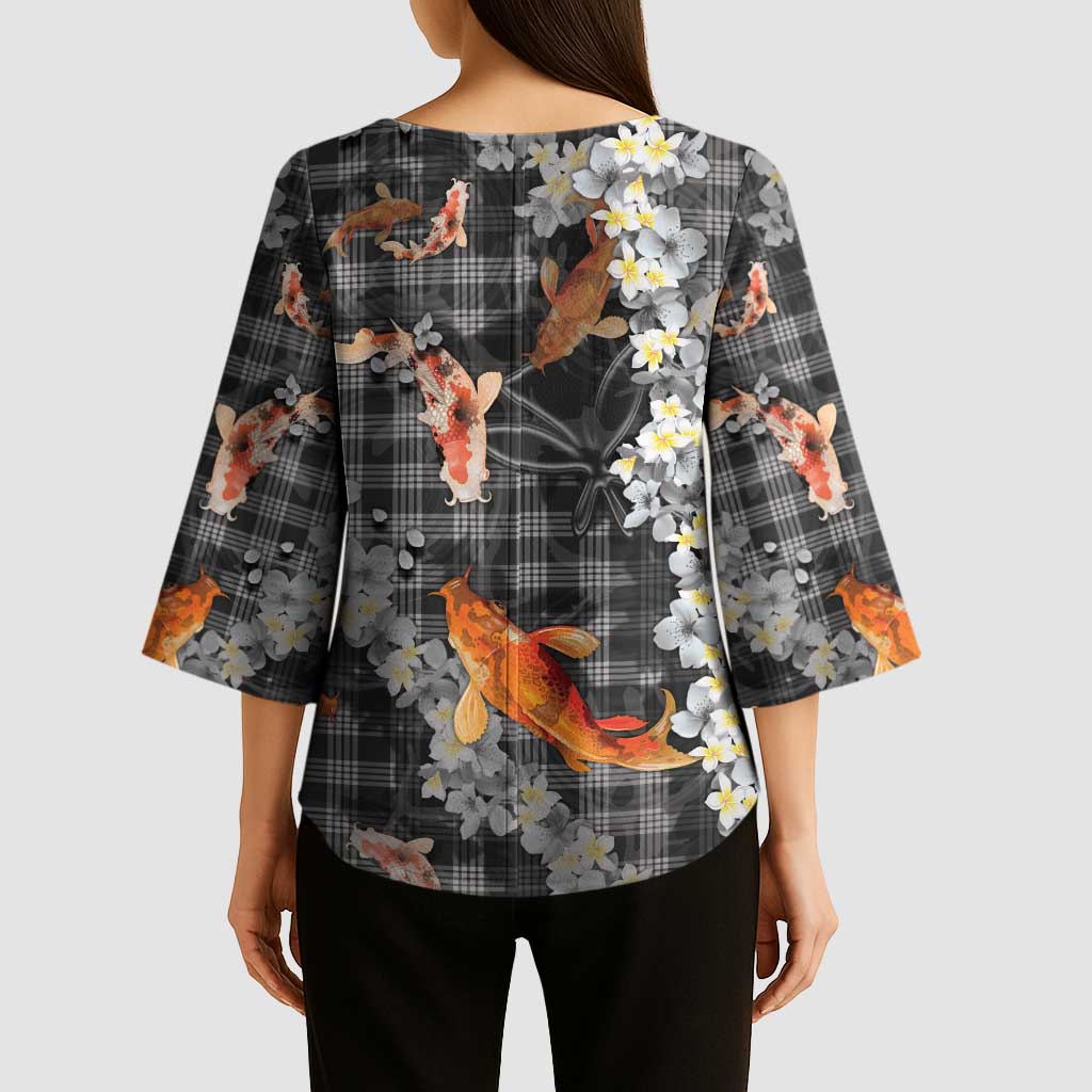 Black Palaka Hawaiian And Japanese Kimono Sleeve Blouse Sakura Lei With Koi Fish - Polynesian Pride