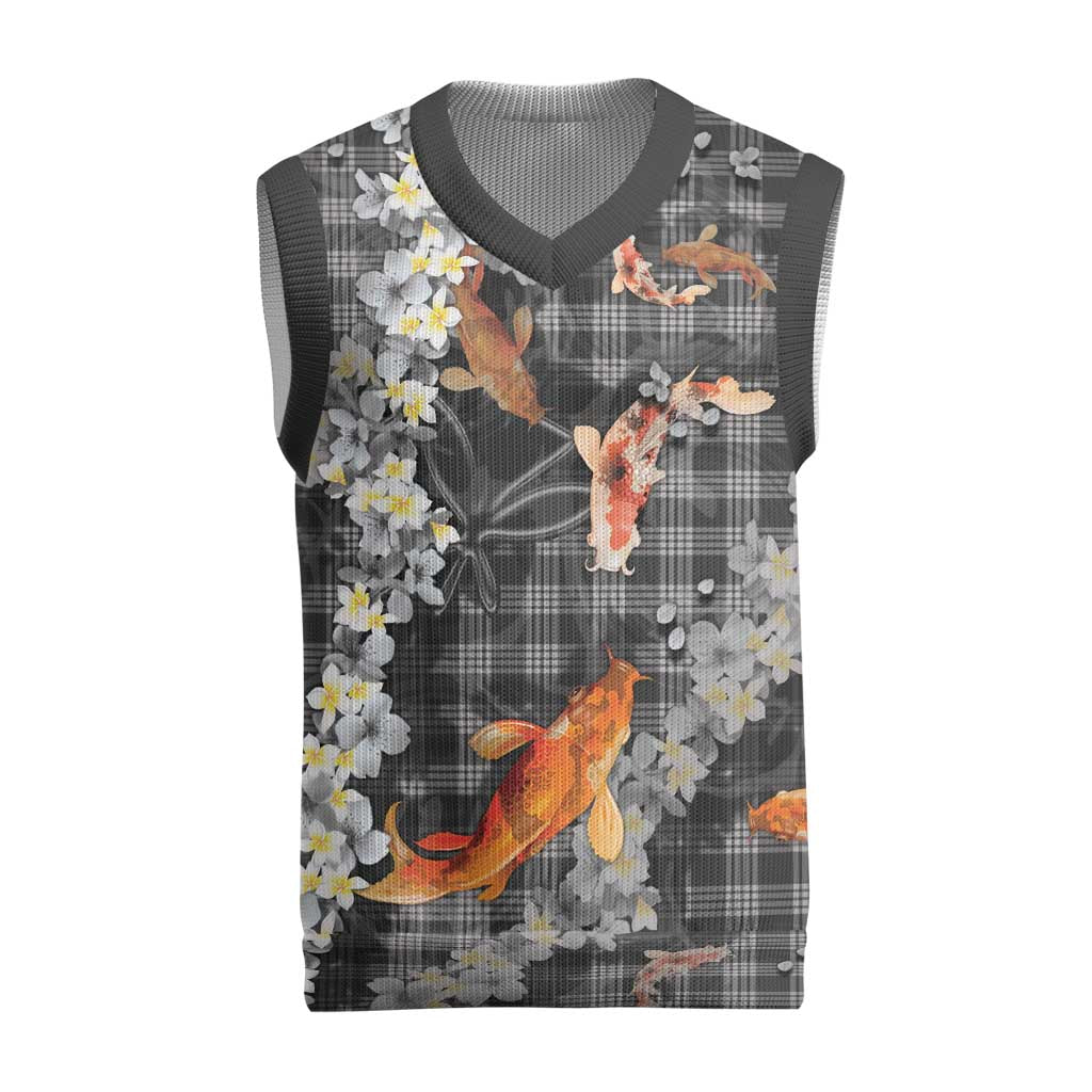 Black Palaka Hawaiian And Japanese Christmas Knitted V-Neck Vest Sakura Lei With Koi Fish - Polynesian Pride