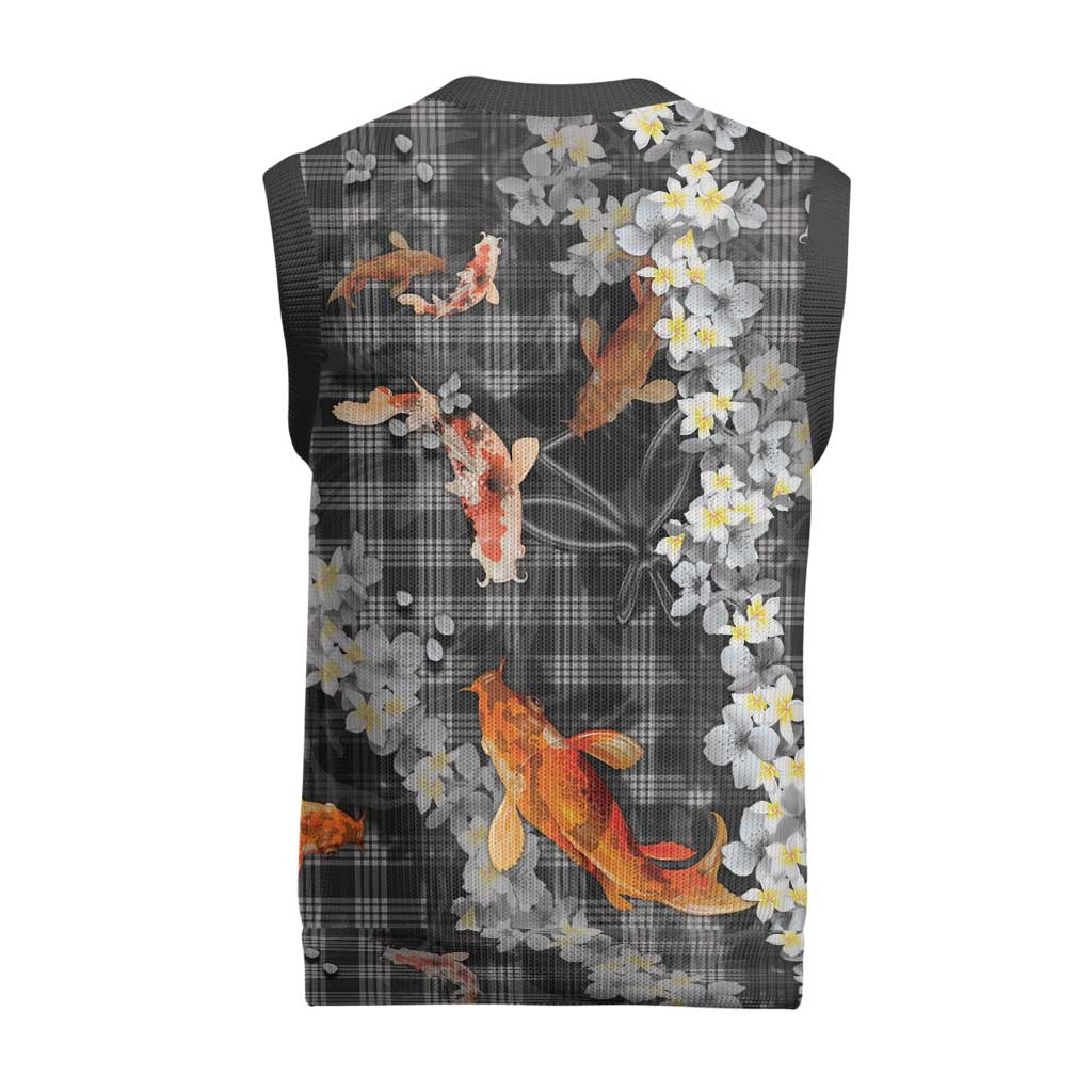 Black Palaka Hawaiian And Japanese Christmas Knitted V-Neck Vest Sakura Lei With Koi Fish - Polynesian Pride