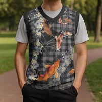 Black Palaka Hawaiian And Japanese Christmas Knitted V-Neck Vest Sakura Lei With Koi Fish - Polynesian Pride