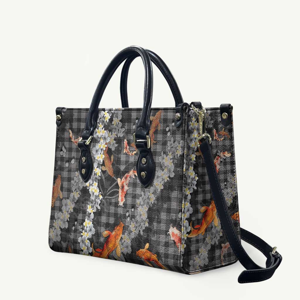 Black Palaka Hawaiian And Japanese Leather Bag Sakura Lei With Koi Fish - Polynesian Pride