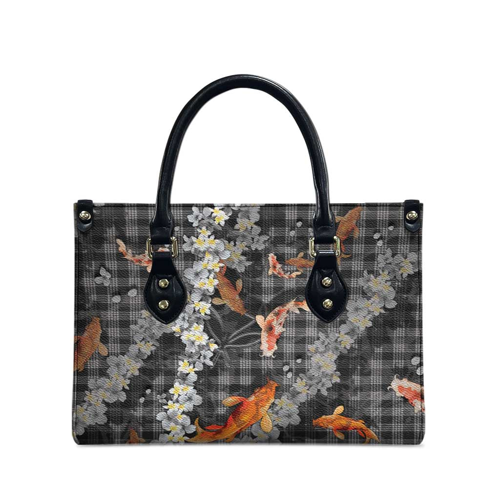 Black Palaka Hawaiian And Japanese Leather Bag Sakura Lei With Koi Fish - Polynesian Pride