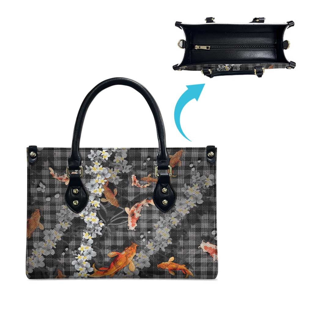Black Palaka Hawaiian And Japanese Leather Bag Sakura Lei With Koi Fish - Polynesian Pride