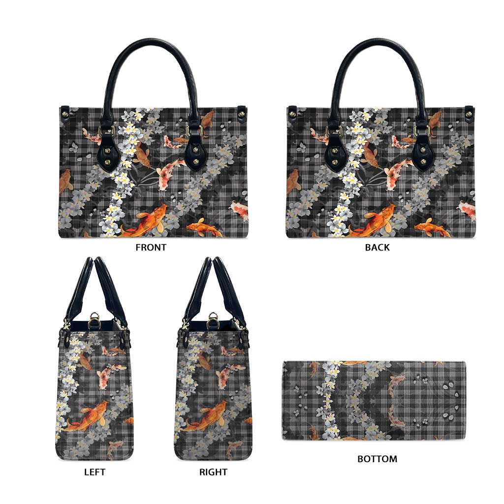 Black Palaka Hawaiian And Japanese Leather Bag Sakura Lei With Koi Fish - Polynesian Pride
