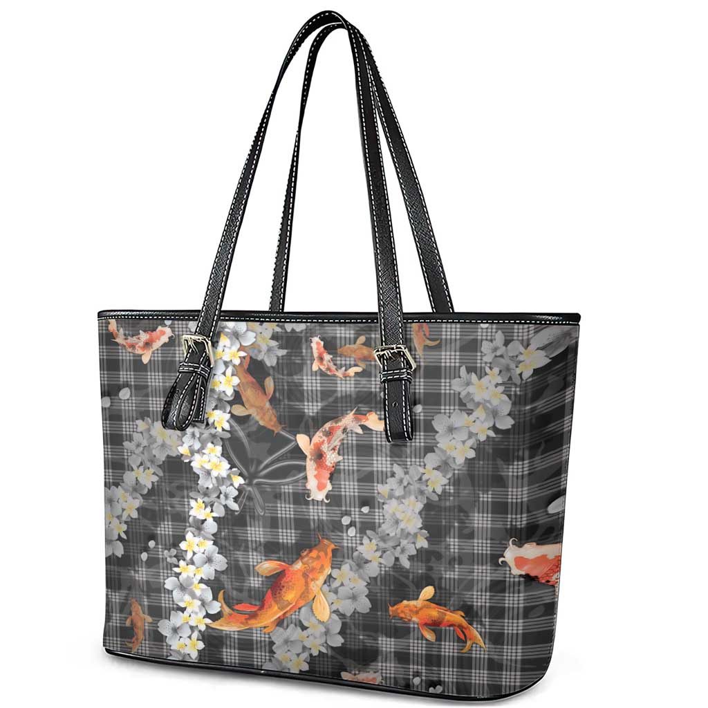 Black Palaka Hawaiian And Japanese Leather Tote Bag Sakura Lei With Koi Fish - Polynesian Pride
