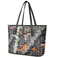 Black Palaka Hawaiian And Japanese Leather Tote Bag Sakura Lei With Koi Fish - Polynesian Pride
