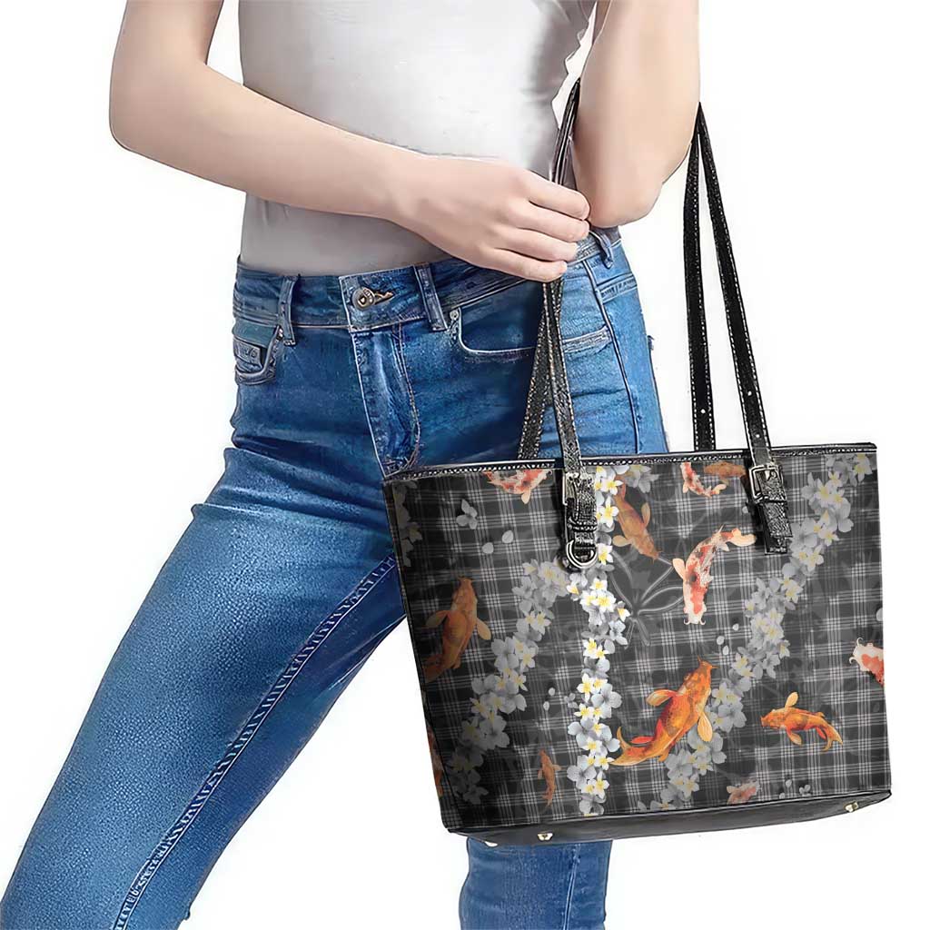 Black Palaka Hawaiian And Japanese Leather Tote Bag Sakura Lei With Koi Fish - Polynesian Pride