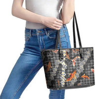 Black Palaka Hawaiian And Japanese Leather Tote Bag Sakura Lei With Koi Fish - Polynesian Pride