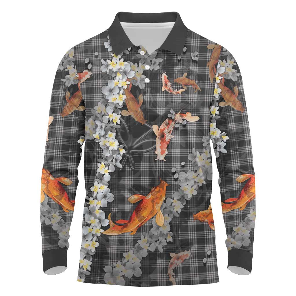 Black Palaka Hawaiian And Japanese Long Sleeve Polo Shirt Sakura Lei With Koi Fish - Polynesian Pride