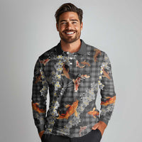 Black Palaka Hawaiian And Japanese Long Sleeve Polo Shirt Sakura Lei With Koi Fish - Polynesian Pride