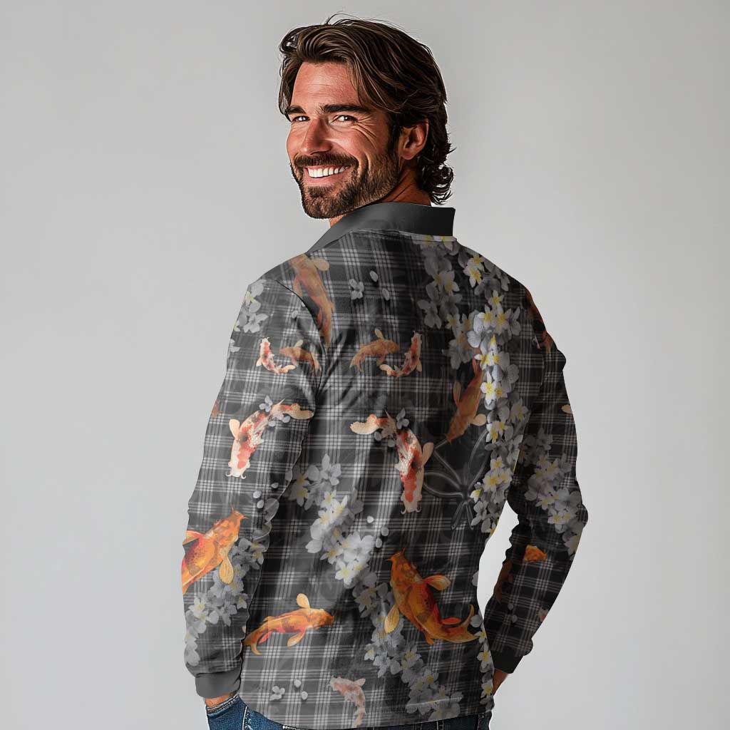 Black Palaka Hawaiian And Japanese Long Sleeve Polo Shirt Sakura Lei With Koi Fish - Polynesian Pride