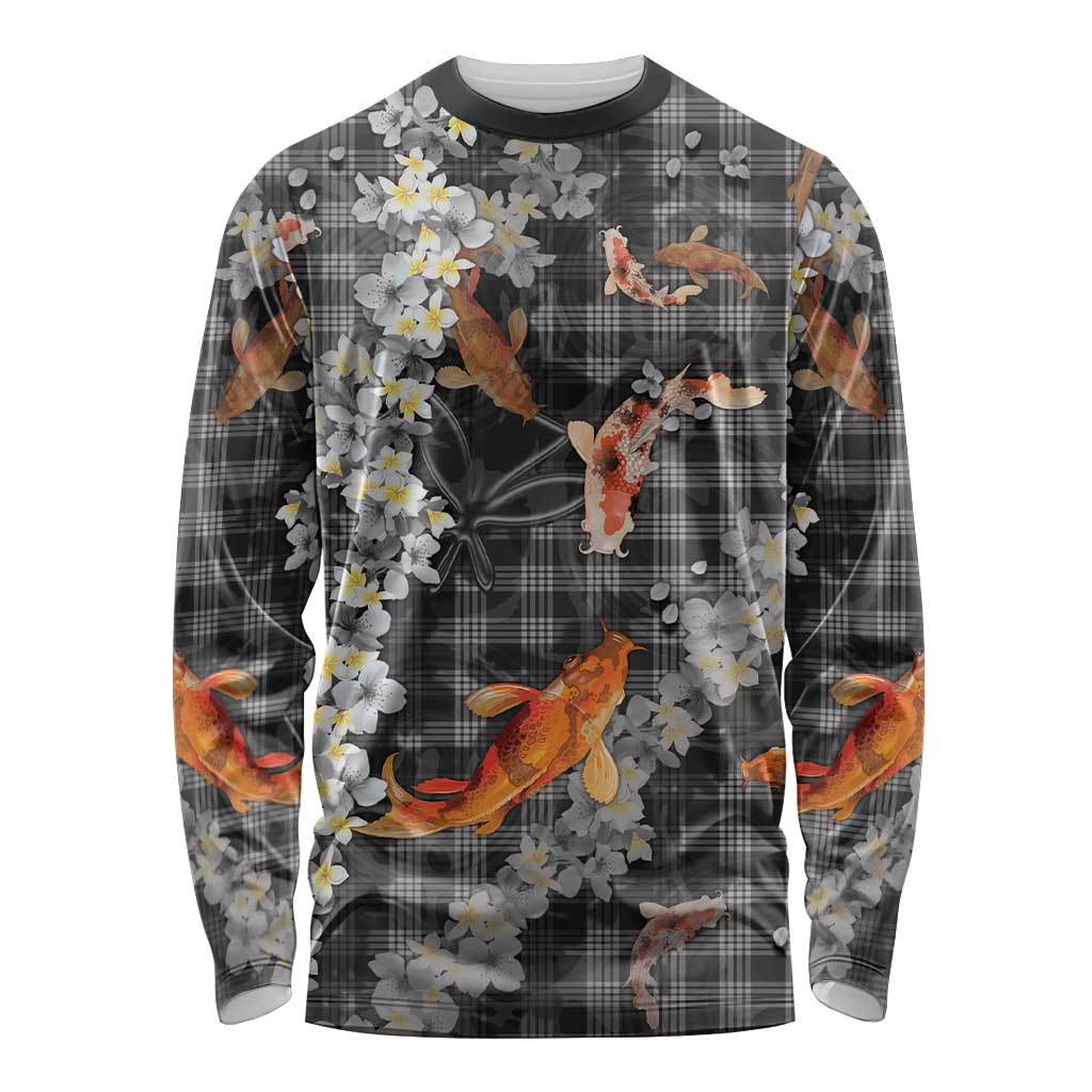 Black Palaka Hawaiian And Japanese Long Sleeve Shirt Sakura Lei With Koi Fish DT05 Unisex Black - Polynesian Pride