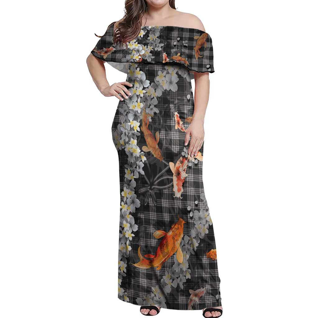 Black Palaka Hawaiian And Japanese Off Shoulder Maxi Dress Sakura Lei With Koi Fish - Polynesian Pride