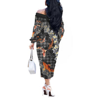 Black Palaka Hawaiian And Japanese Off The Shoulder Long Sleeve Dress Sakura Lei With Koi Fish DT05 - Polynesian Pride