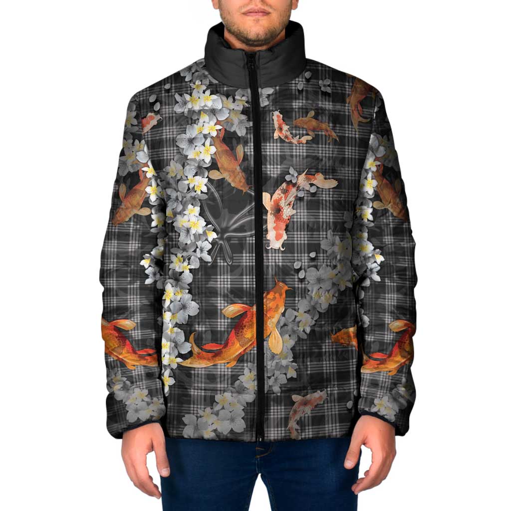 Black Palaka Hawaiian And Japanese Padded Jacket Sakura Lei With Koi Fish - Polynesian Pride