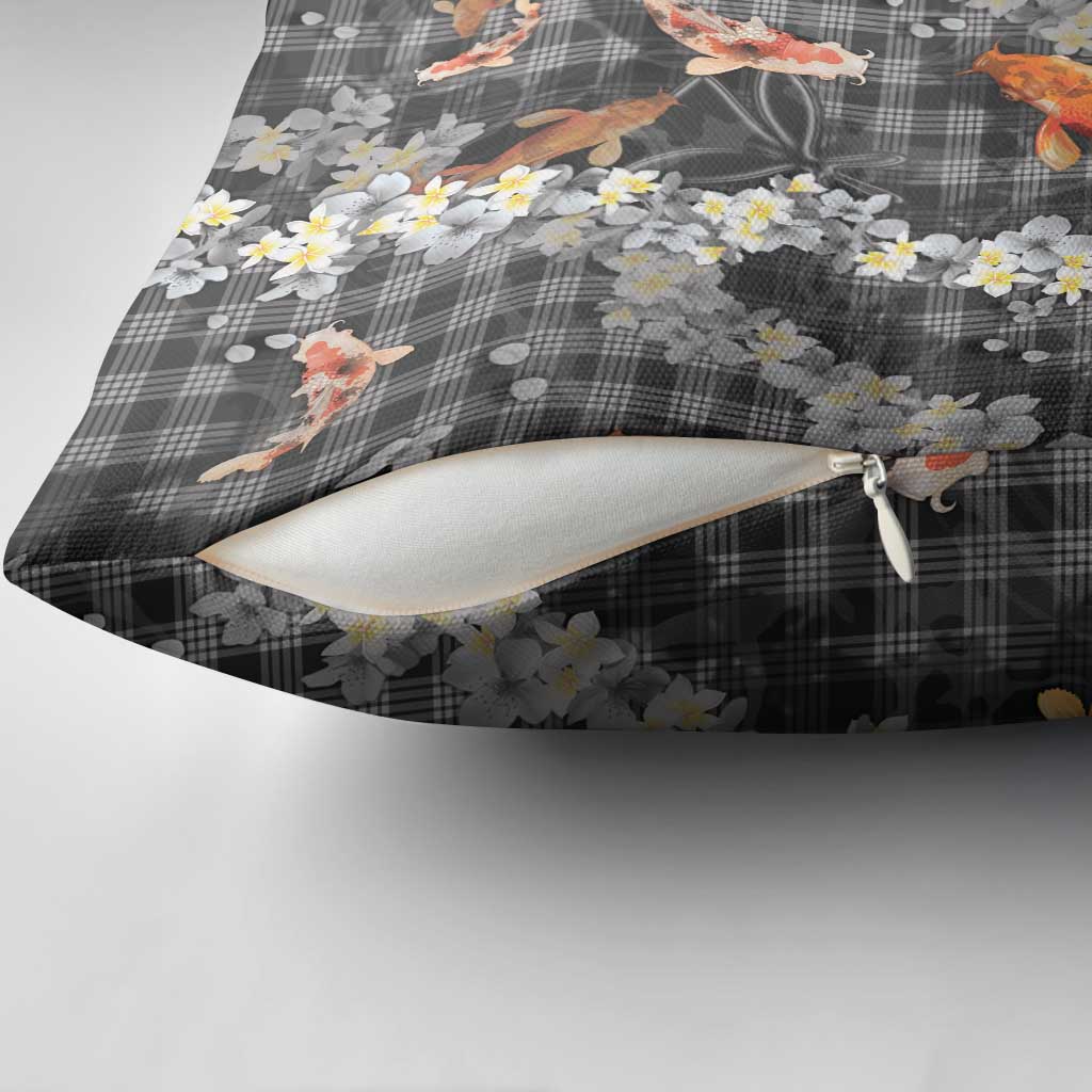 Black Palaka Hawaiian And Japanese Pillow Cover Sakura Lei With Koi Fish - Polynesian Pride
