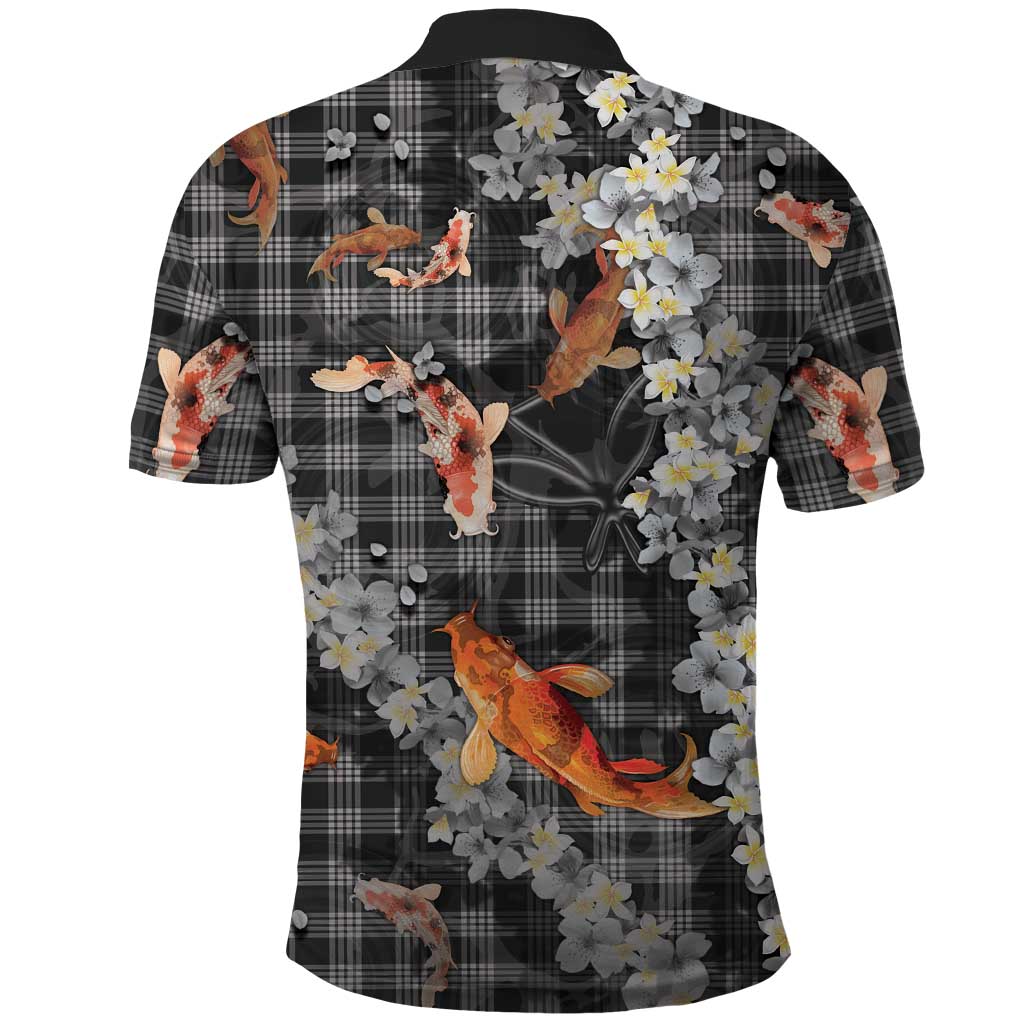 Black Palaka Hawaiian And Japanese Polo Shirt Sakura Lei With Koi Fish - Polynesian Pride