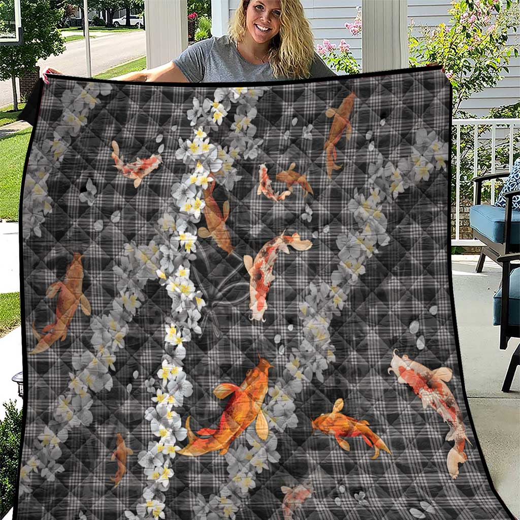 Black Palaka Hawaiian And Japanese Quilt Sakura Lei With Koi Fish DT05 Black - Polynesian Pride