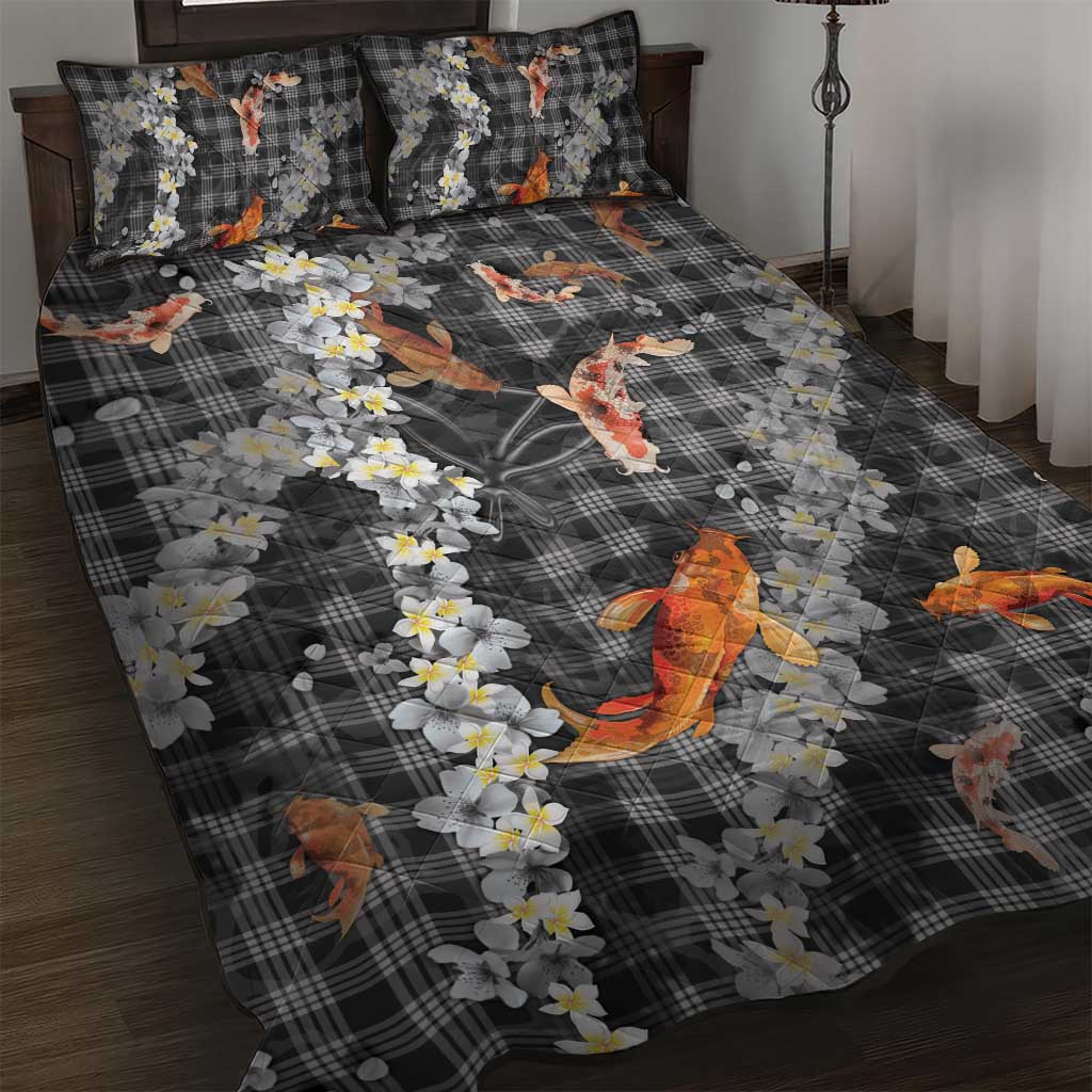 Black Palaka Hawaiian And Japanese Quilt Bed Set Sakura Lei With Koi Fish - Polynesian Pride