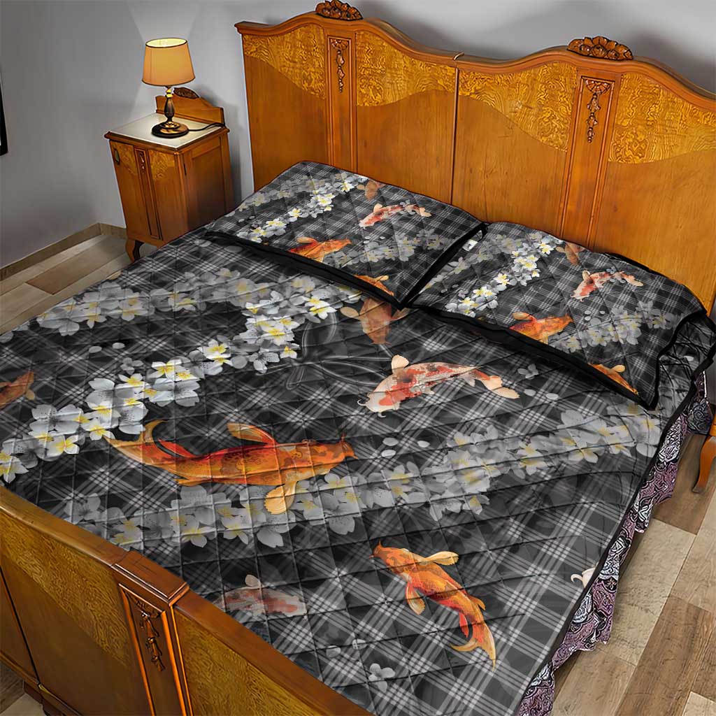 Black Palaka Hawaiian And Japanese Quilt Bed Set Sakura Lei With Koi Fish - Polynesian Pride