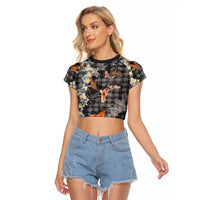 Black Palaka Hawaiian And Japanese Raglan Cropped T Shirt Sakura Lei With Koi Fish - Polynesian Pride