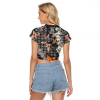 Black Palaka Hawaiian And Japanese Raglan Cropped T Shirt Sakura Lei With Koi Fish - Polynesian Pride