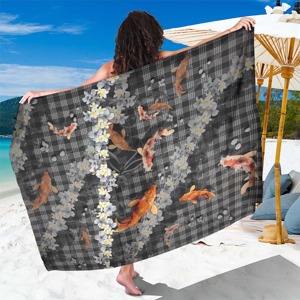 Black Palaka Hawaiian And Japanese Sarong Sakura Lei With Koi Fish DT05 One Size 44 x 66 inches Black - Polynesian Pride