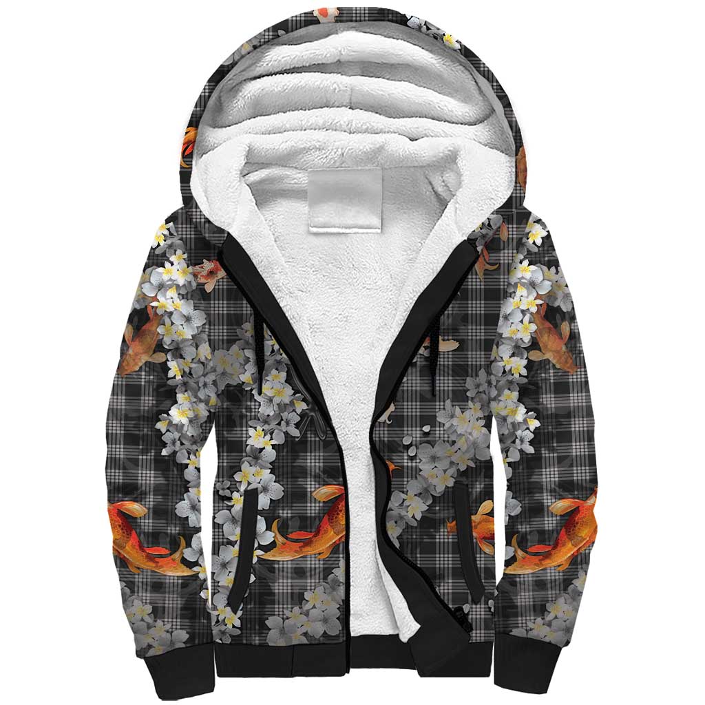Black Palaka Hawaiian And Japanese Sherpa Hoodie Sakura Lei With Koi Fish DT05 Unisex Black - Polynesian Pride