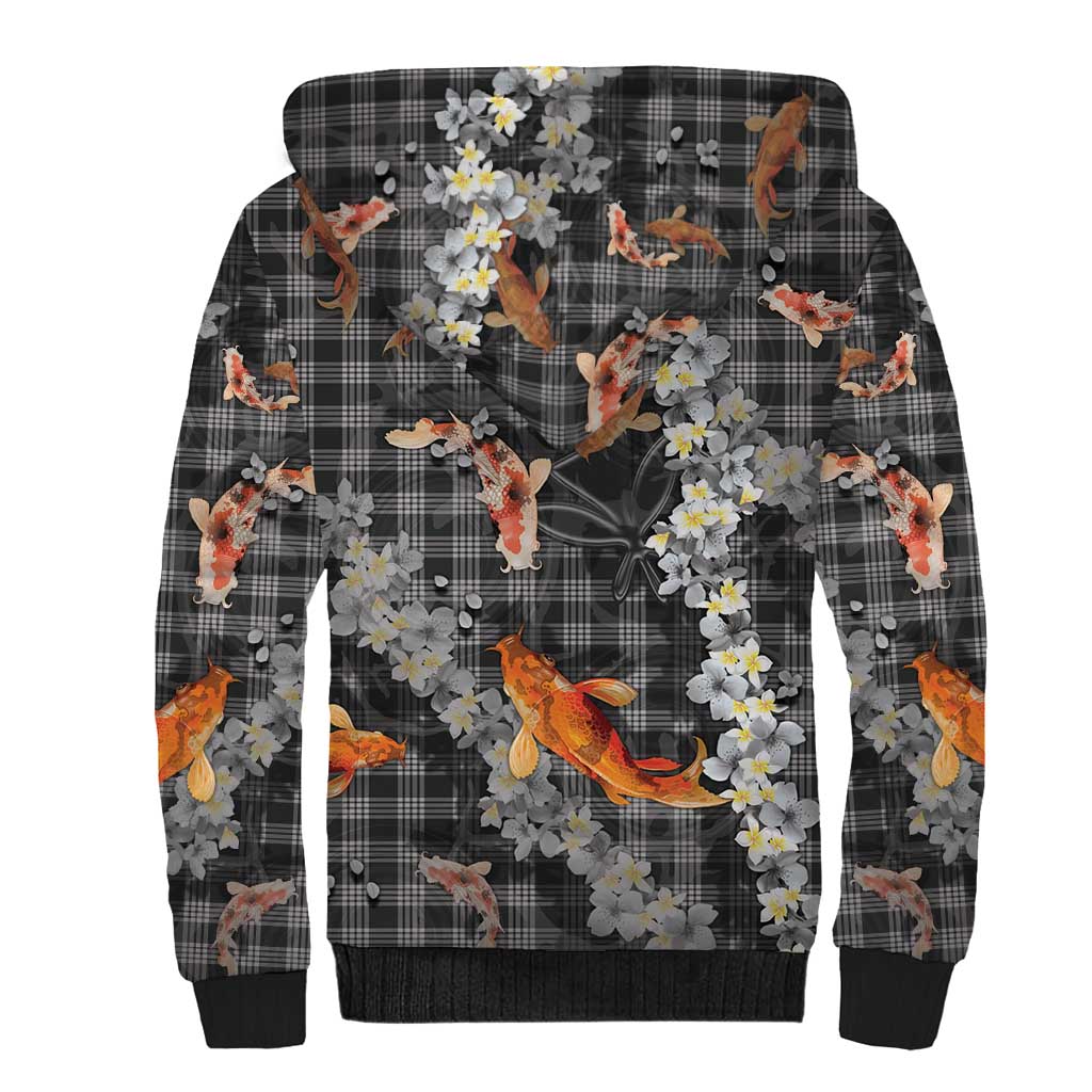 Black Palaka Hawaiian And Japanese Sherpa Hoodie Sakura Lei With Koi Fish - Polynesian Pride