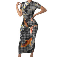 Black Palaka Hawaiian And Japanese Short Sleeve Bodycon Dress Sakura Lei With Koi Fish - Polynesian Pride