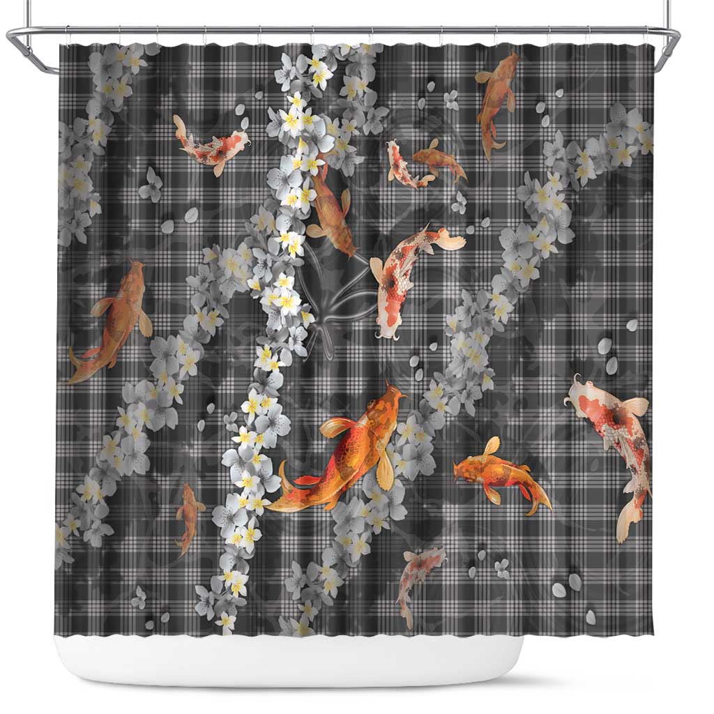 Black Palaka Hawaiian And Japanese Shower Curtain Sakura Lei With Koi Fish - Polynesian Pride