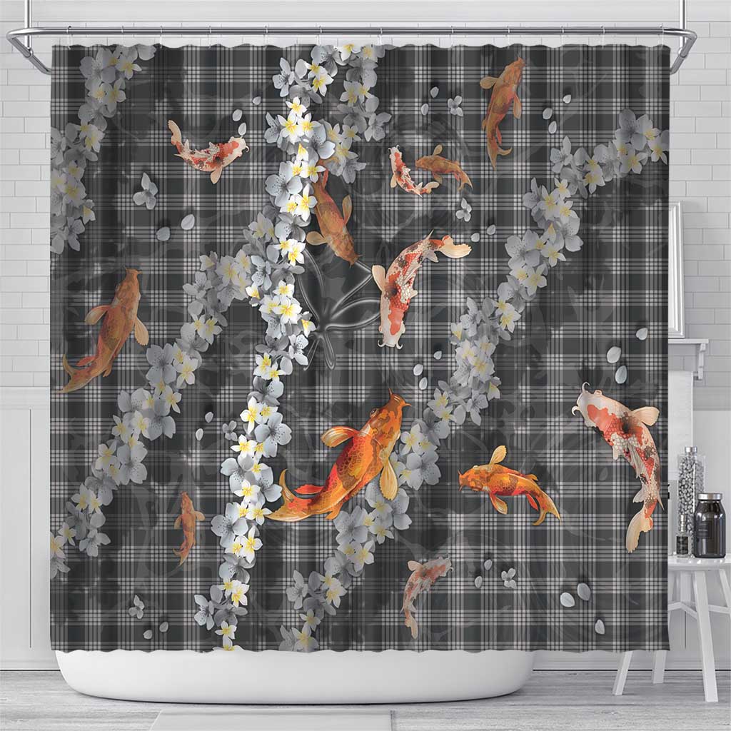 Black Palaka Hawaiian And Japanese Shower Curtain Sakura Lei With Koi Fish - Polynesian Pride