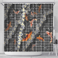 Black Palaka Hawaiian And Japanese Shower Curtain Sakura Lei With Koi Fish - Polynesian Pride