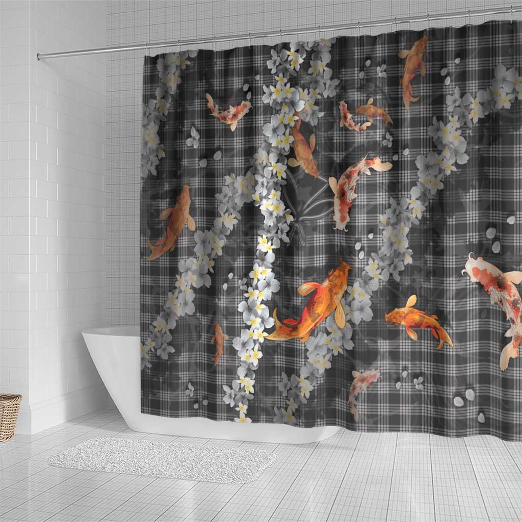 Black Palaka Hawaiian And Japanese Shower Curtain Sakura Lei With Koi Fish - Polynesian Pride