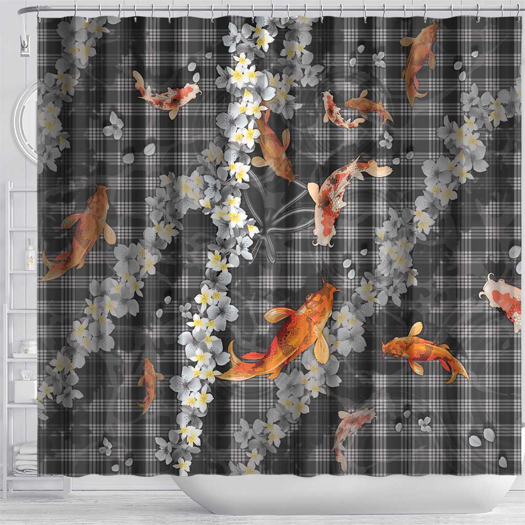 Black Palaka Hawaiian And Japanese Shower Curtain Sakura Lei With Koi Fish - Polynesian Pride